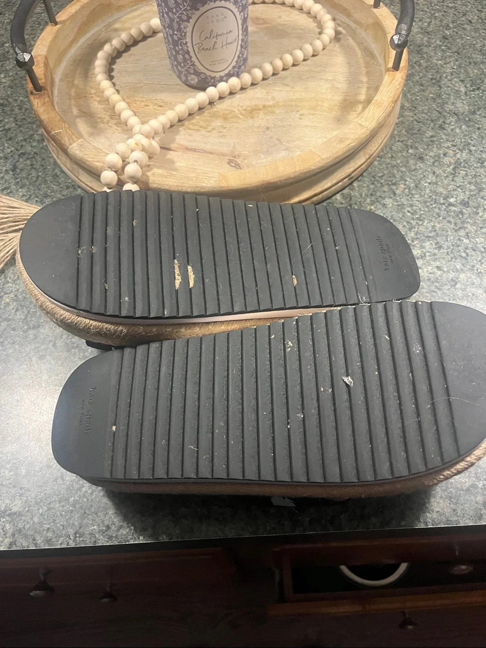 kate spade Black and Tan Logo piper Espadrille platform Slide Sandals